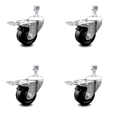 Service Caster 3 Inch Phenolic Swivel 10mm Threaded Stem Caster Set with Total Lock Brake SCC-TSTTL20S314-PHS-M1015-4